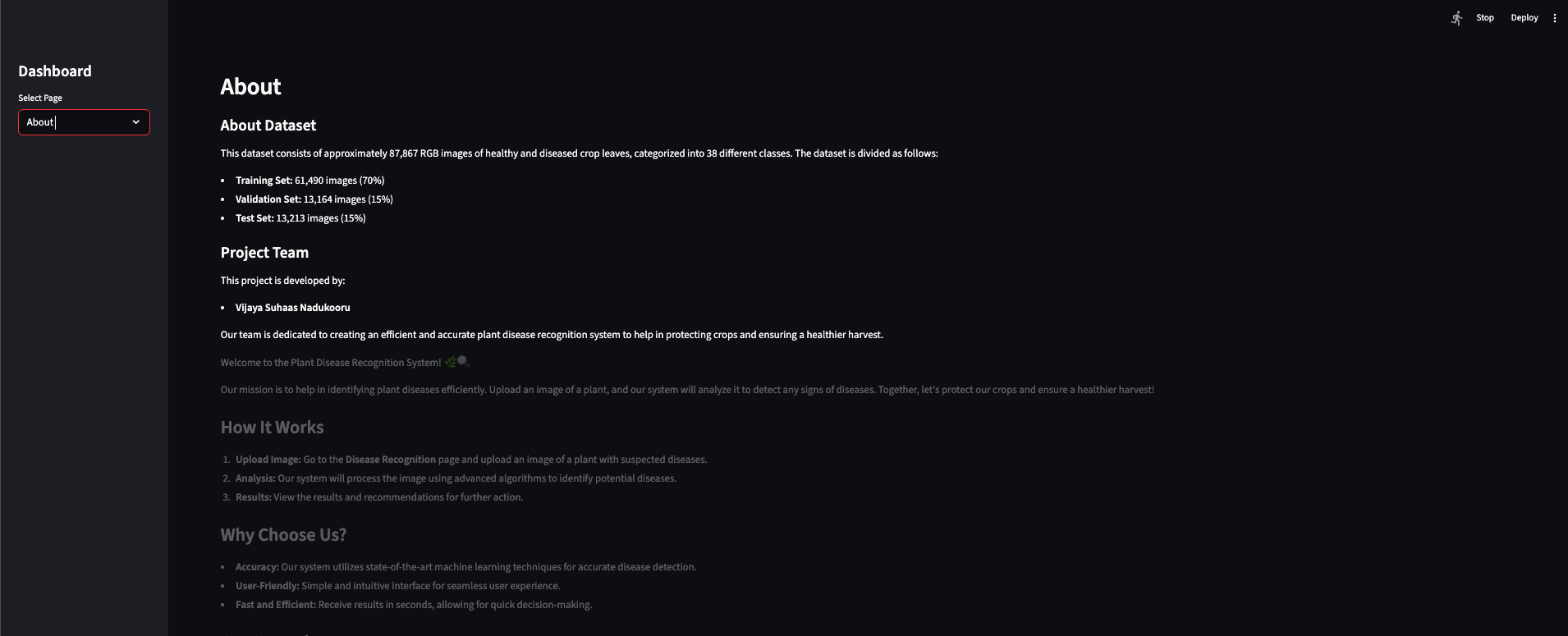Plant Disease Recognition System — About page: dataset, team, and features