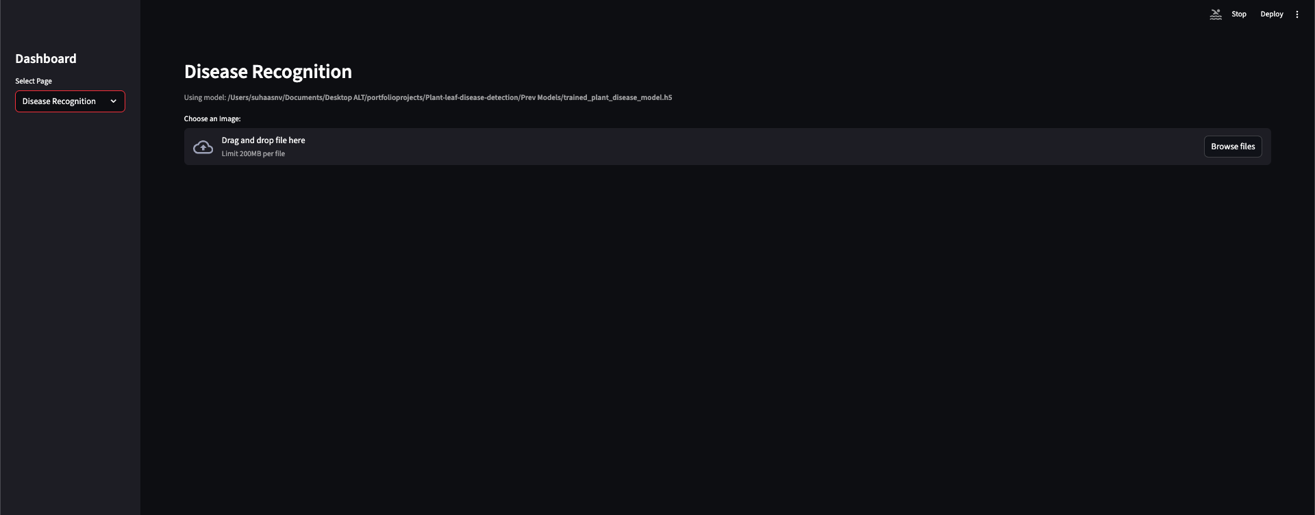 Plant Disease Recognition System — Disease Recognition page: upload image, model path shown