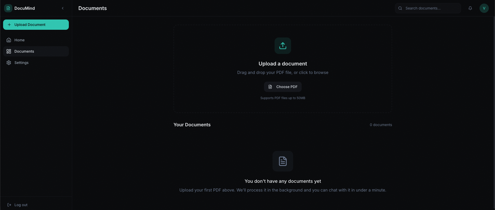 DocuMind Documents: Upload a document, drag and drop or choose PDF, up to 50MB. Your documents list and processing in the background.