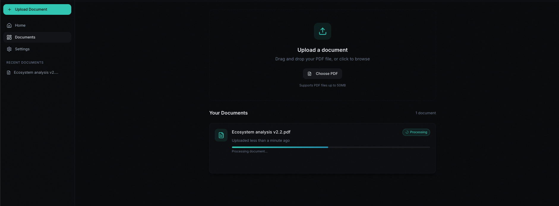 DocuMind: Document uploading with progress bar and Processing status.