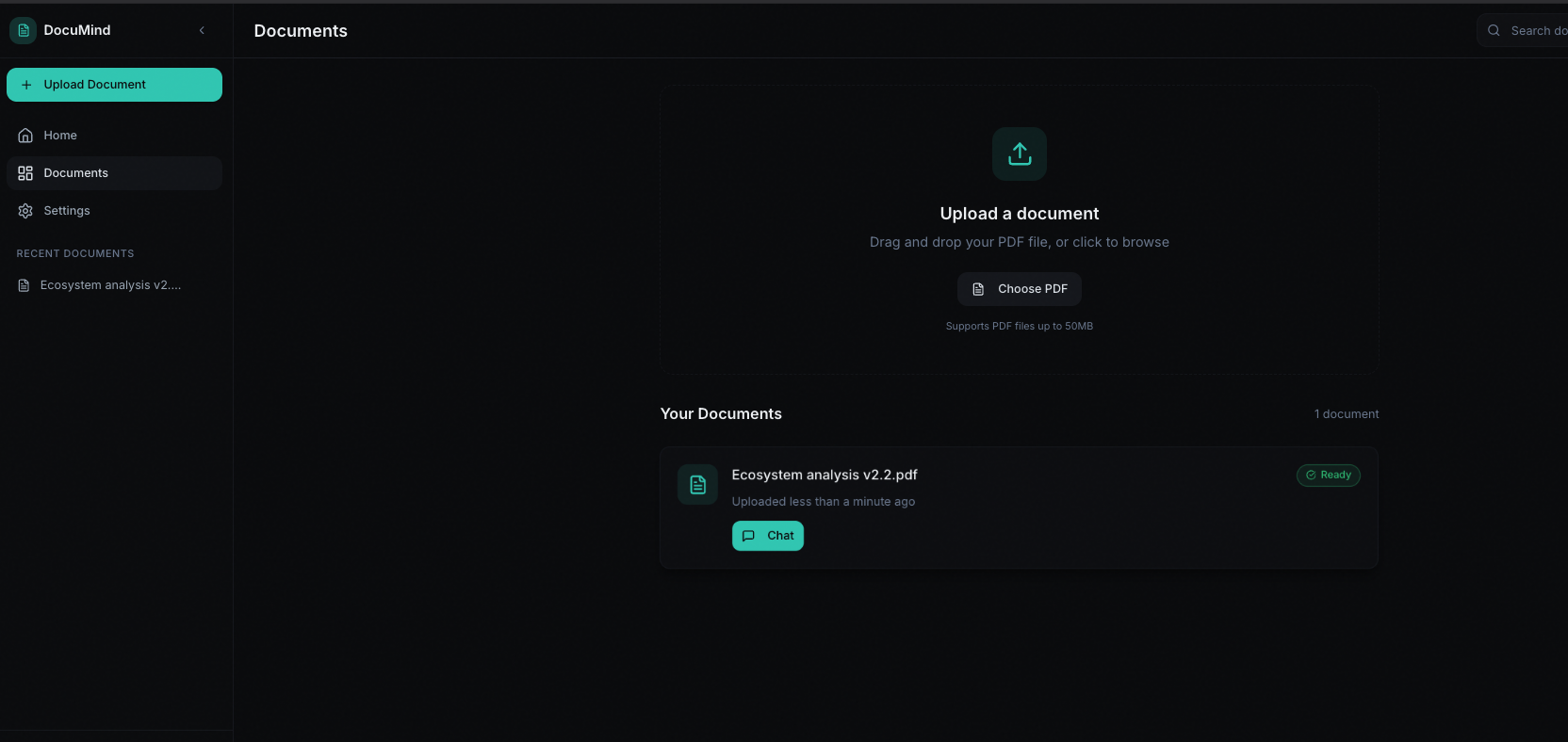 DocuMind: Document ready with Ready badge and Chat button.