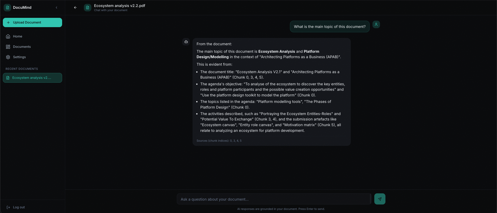 DocuMind Chat: Ask questions and get answers grounded in your document with source citations.