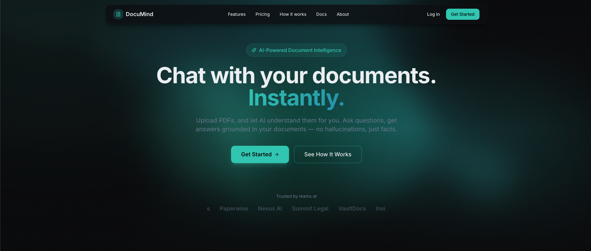 DocuMind landing: Ask questions to your documents. Get grounded, source-based answers.
